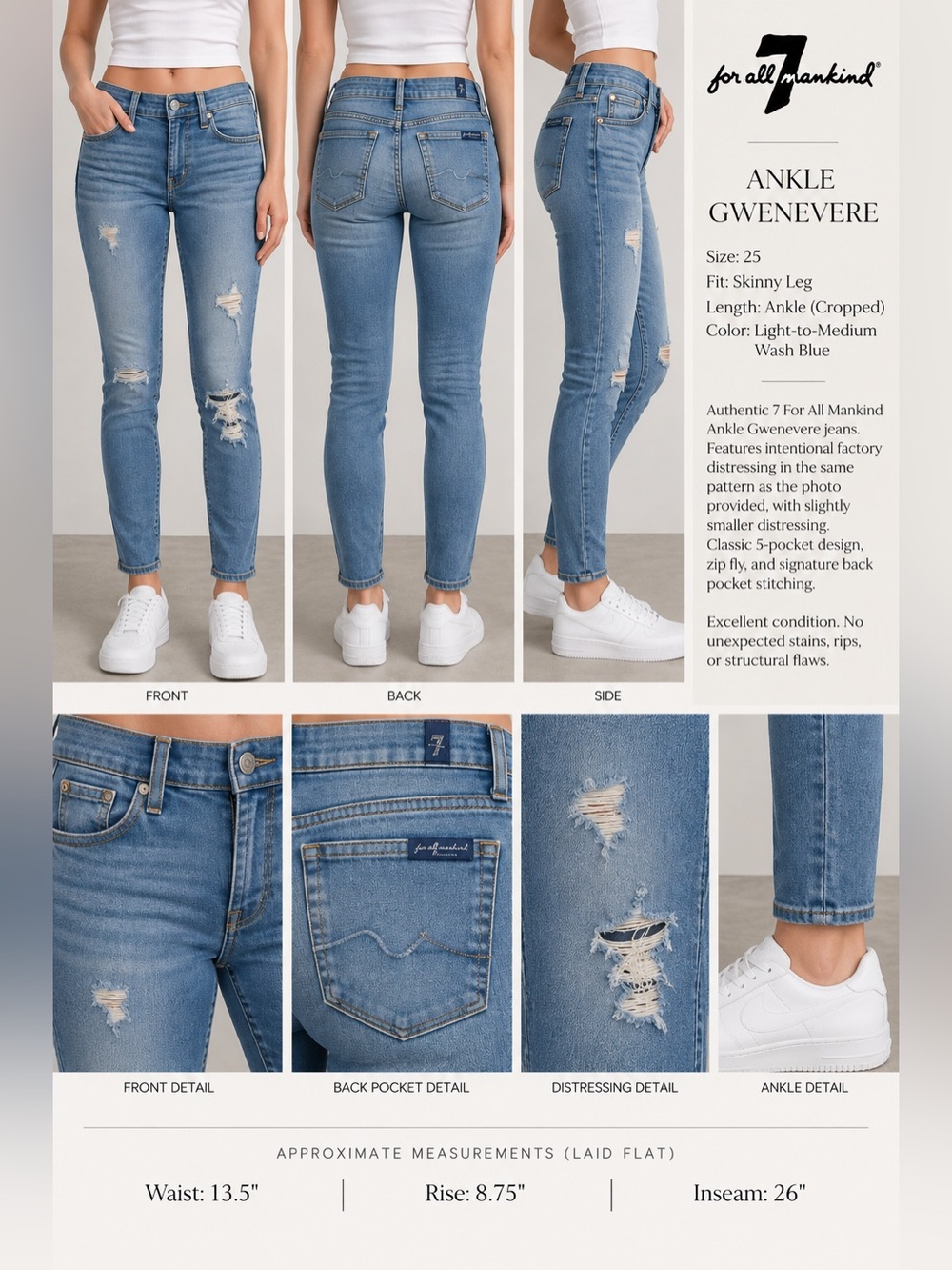 7 For All Mankind Ankle Gwenevere Distressed Skinny Jeans Size 25